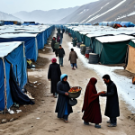 **Prompt:** A sprawling refugee camp scene in winter, showcasing fully clothed Afghan families struggling against the cold. Tents are visible, and some people are gathering firewood.  Emphasize the harsh conditions and lack of resources. Safe for work, appropriate content, fully clothed, modest, high quality, perfect anatomy, natural pose.