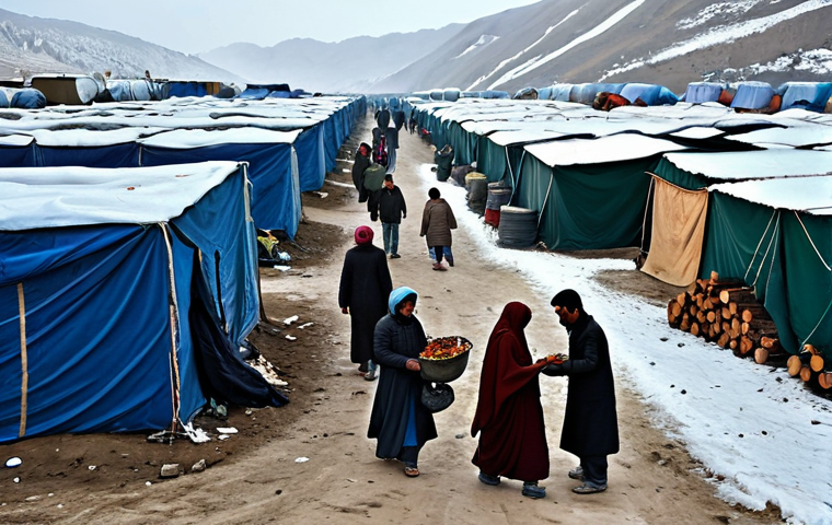 **Prompt:** A sprawling refugee camp scene in winter, showcasing fully clothed Afghan families struggling against the cold. Tents are visible, and some people are gathering firewood.  Emphasize the harsh conditions and lack of resources. Safe for work, appropriate content, fully clothed, modest, high quality, perfect anatomy, natural pose.