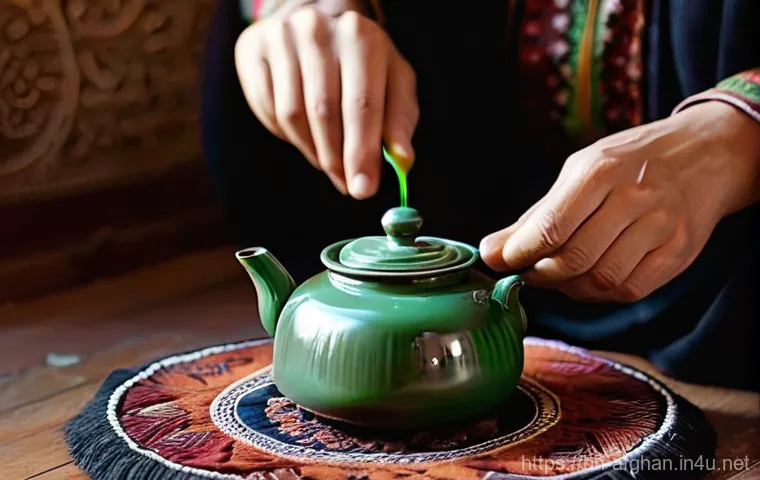 아프가니스탄 전통 차 문화 - **Prompt 1: Traditional Afghan Tea Preparation**
    "A serene, eye-level close-up shot capturing an...