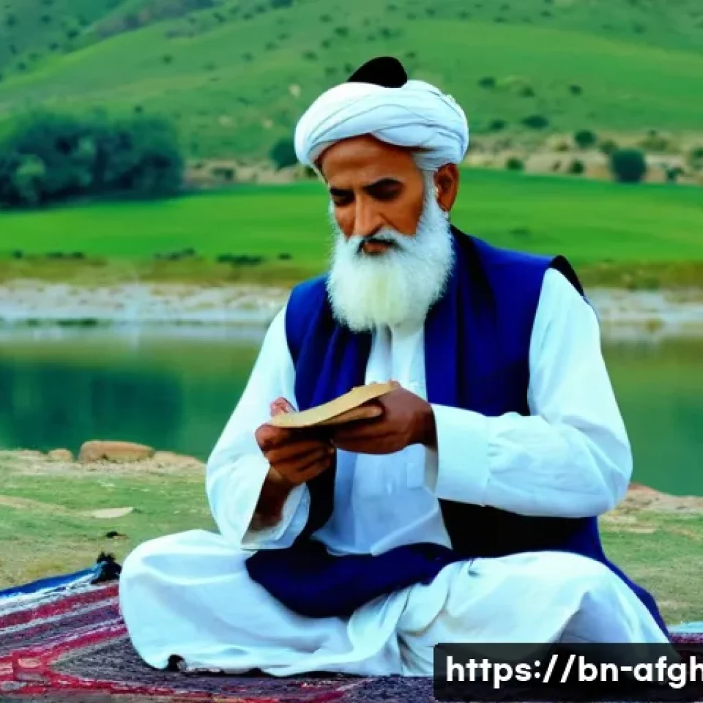 파슈토 문학 작품 소개 - **A Poetic Gathering in a Mountain Valley:**
A serene and dignified image of two revered classic...