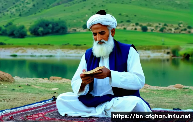 파슈토 문학 작품 소개 - **A Poetic Gathering in a Mountain Valley:**
    A serene and dignified image of two revered classic...