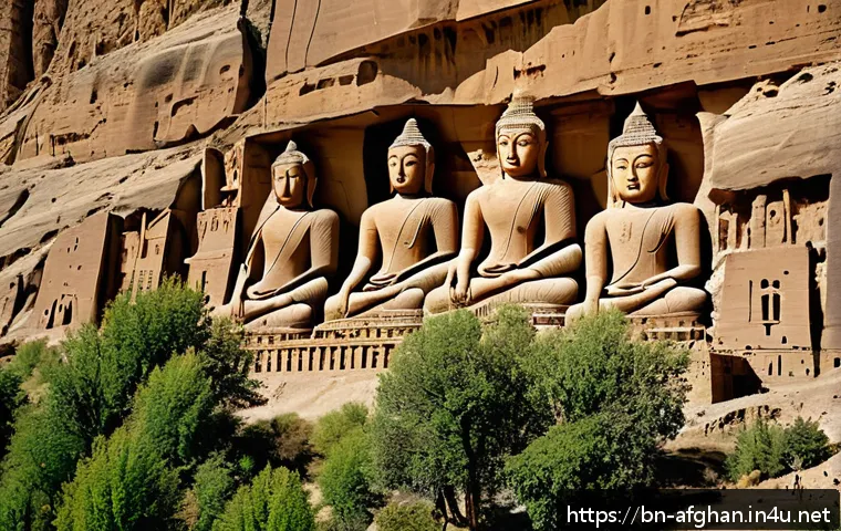 바미얀 석불의 역사 - A majestic view of the Bamiyan Buddha statues carved into the cliffside, towering approximately 55 m...
