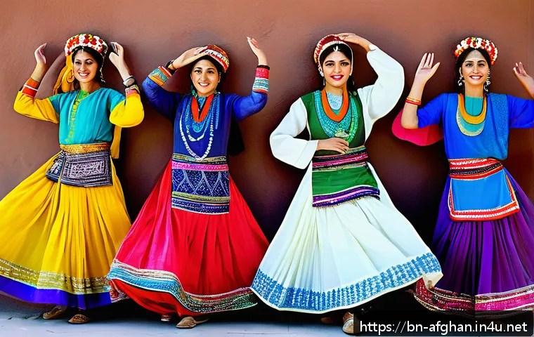 전통 아프가니스탄 춤 아타나 - A vibrant scene of traditional Afghan dance from western Afghanistan, featuring a group of dancers i...