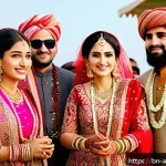 Home 23 아프간 결혼 풍습 - A vibrant Afghan wedding scene featuring the bride dressed in a richly embroidered red and pink lehe...
