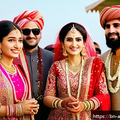 Home 17 아프간 결혼 풍습 - A vibrant Afghan wedding scene featuring the bride dressed in a richly embroidered red and pink lehe...