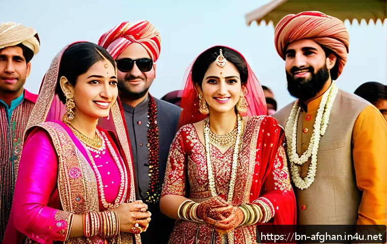 아프간 결혼 풍습 - A vibrant Afghan wedding scene featuring the bride dressed in a richly embroidered red and pink lehe...