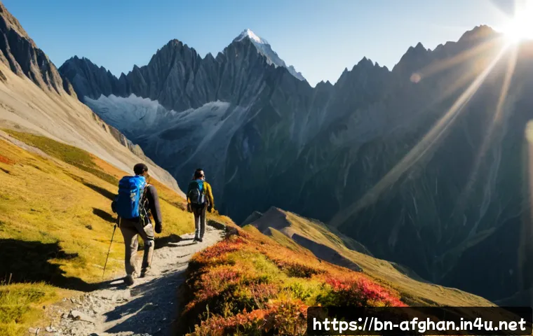 Home 17 와칸 회랑 트레킹 - Photorealistic wide-angle view of two hikers in practical outdoor clothing walking along a dramatic ...